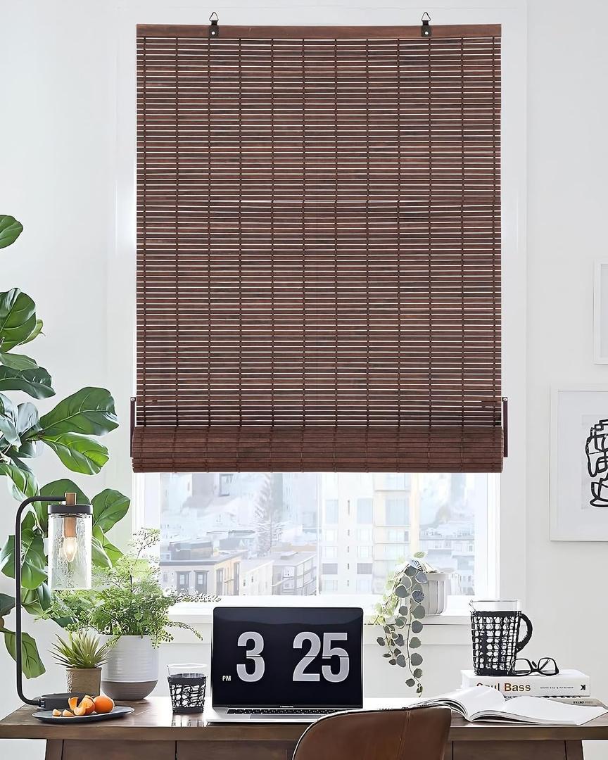 30''W X 72''H Cordless Bamboo Roman Shades, Light Filtering Roll Up Bamboo Blinds for Interior Window Home Patio Porch, Drak Brown