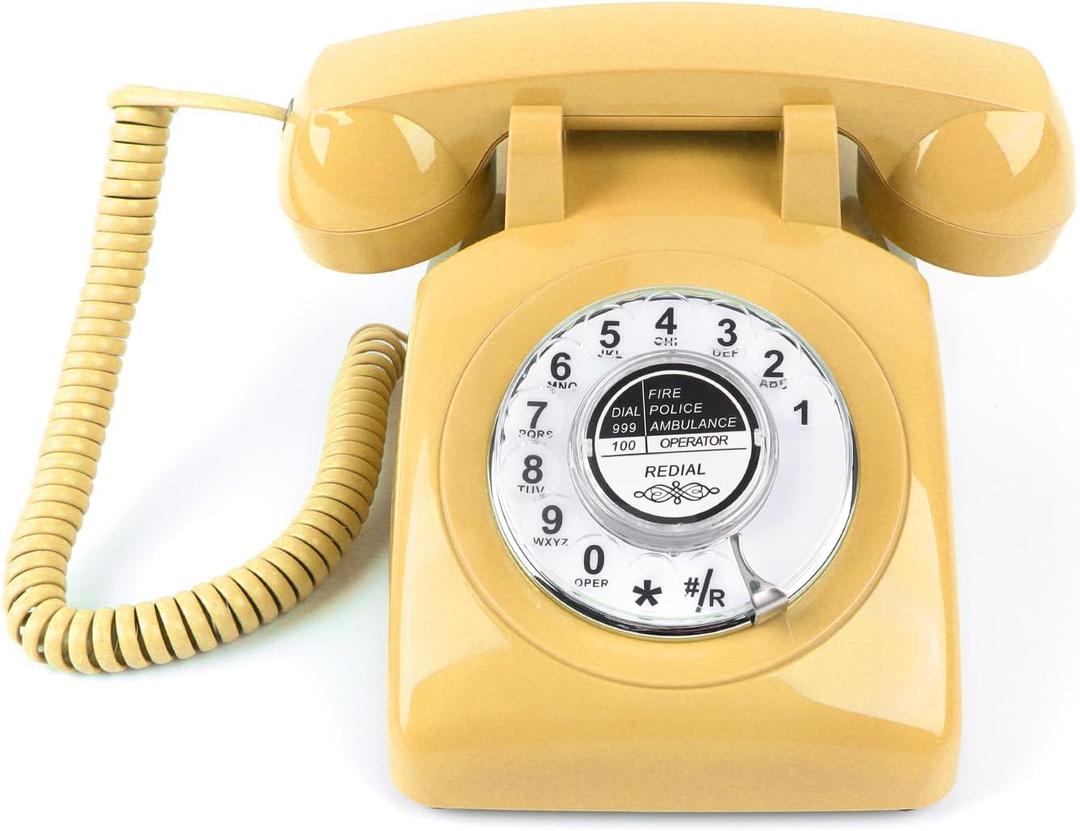 Rotary Phone, Vintage Phone, Retro Phones for Landline, Corded Old Telephone with Redial Function for Home Office Hotel School, Yellow