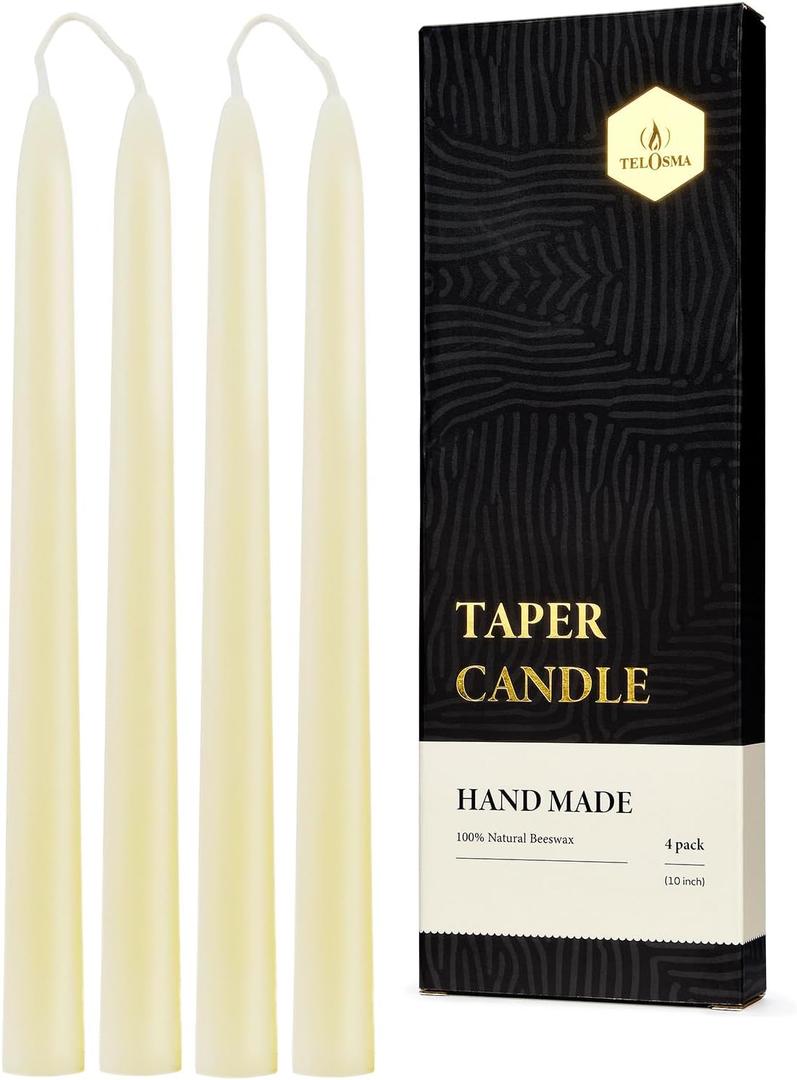 10 inch Natural Beeswax Taper Candles 4 Pack - Dripless Candle 100% Pure Unscented Beeswax, 8 Hours Long Burning Time -Off White