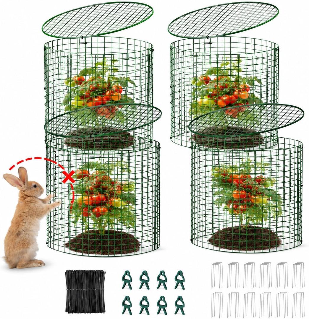 Plant Protectors from Animals 12 x 12 in Metal Chicken Wire Cloche Plant Cages for Outdoor Plants, Garden Fencing Animal Barrier with Detachable Dome Lid, Stakes & Zip Ties (4 Pcs)