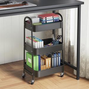 3 Tier Rolling Carts Metal Rolling Storage Cart Utility Carts with Lockable Wheels & Hanging Cups & Hooks Mobile Trolley Cart for Kitchen Bathroom Office Workshop