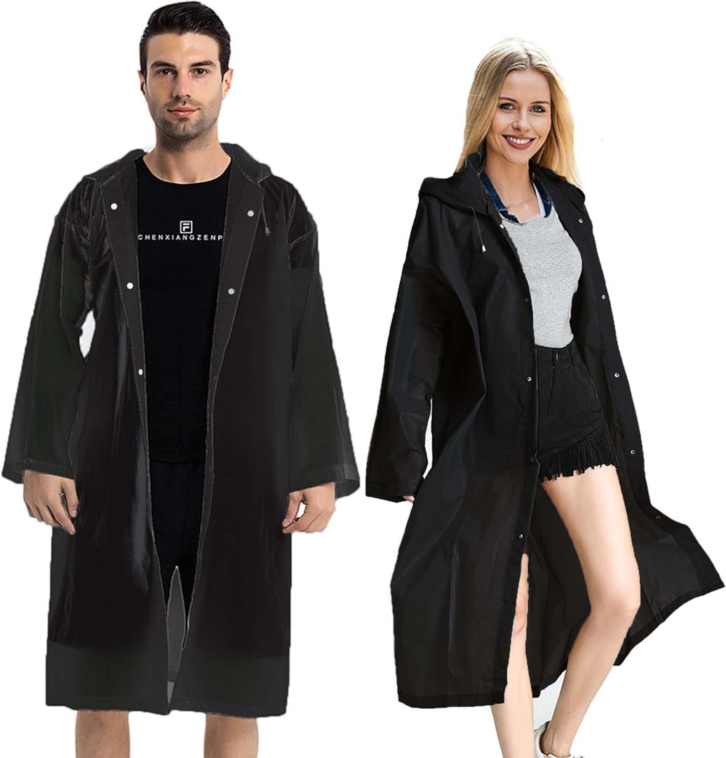Rain Coats (2 Pack) - Reusable EVA Rain Ponchos for Adults Rain Jackets Raincoats for Men Women (One Size, Black)