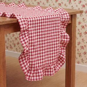 Tegeme Red Gingham Table Runner 12''x71'' Cotton Ruffle Checkered Plaid Tables Runner Farmhouse Gingham Tablecloth for Home Kitchen Dinner Party Table Decorations (Plaid)