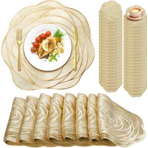 Sieral 48 Set 15 Inch Round Pressed Vinyl Placemats Hollow Out Rose Placemat Set Metallic Slip Resistant Place Mat Coaster Including Place Mats and Coasters for Wedding Dining Kitchen (Gold)