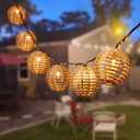 Decorative Outdoor Patio String Lights, Seagrass Rattan Wire Ball Style Lantern String Lights, Connectable Weatherproof Indoor Outdoor Globe Boho String Light for Home Pergola Garden Party Backyard
