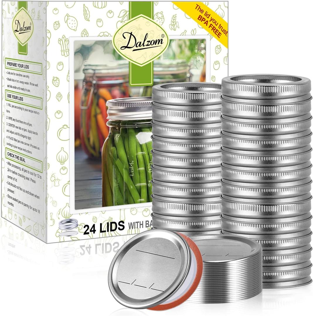 Dalzom 24Pcs Canning Lids with 24Pcs Rings Regular Mouth, Premium Mason Jar Lids with Bands/Rings for Ball, Kerr Jars - Food Grade Material, 100% Fit & Airtight for Regular Mouth Mason Jars