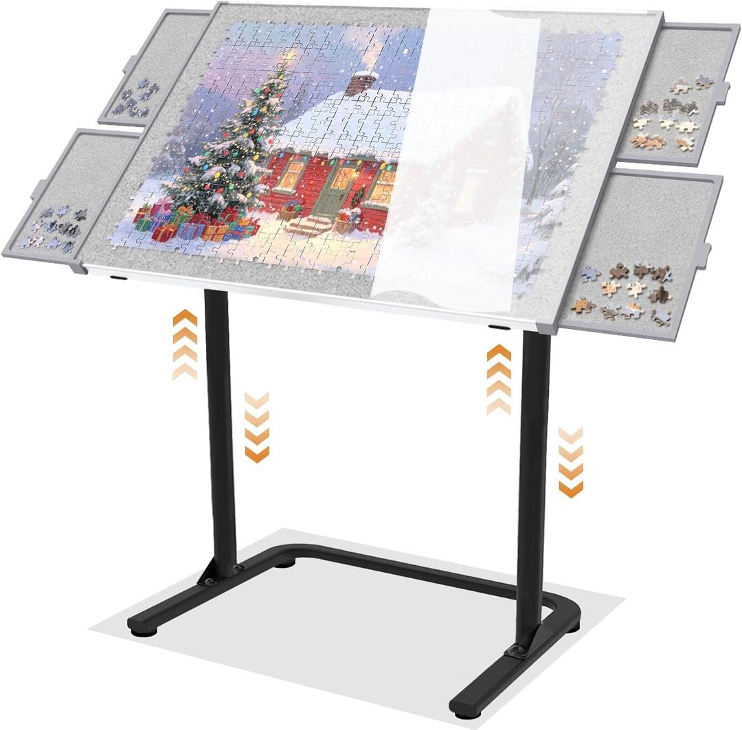 Doerpuz Puzzle Table 1500pcs,Adjustable Height and 90up Angles Puzzle Board for Saving Storage Space,Aluminum Jigsaw Puzzle Tables for Adults with Drawers