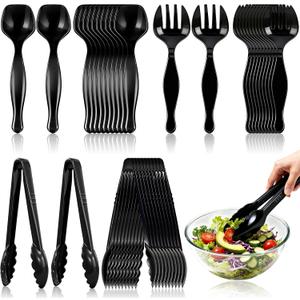 Disposable Plastic Serving Utensils Set, Black Spoons, Forks, Tongs, 9-Inch for Party Buffet Catering Events, Heavy Duty and Ergonomic Design (36, Black)
