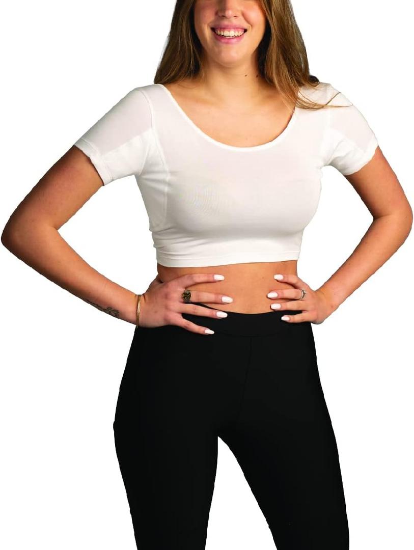 Womens Undershirts - Sweatproof Shirts Women with Underarm Sweat Pads - White (Medium)