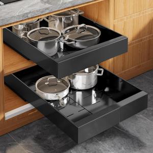 2 Pack Expandable Pull Out Cabinet Organizer 21" Deep with Raising Pad for Framed Cabinets, Upgrade 3 Slide Rails Slide Out Drawers, Roll Out Shelves Adhesive, Adjustable Width 9"-14.1" Black