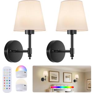 Battery Operated Wall Sconces Set of Two, Rechargeable Wireless Wall Lights with RGB Dimmable Magnetic Bulb and Remote,15 Colors Options Wireless Wall Lamps for Bedroom Living Room Hallway -black