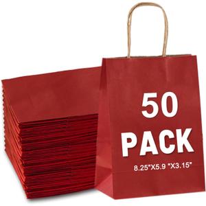 Gift Bags 8.25"x5.9 "x3.15" 50Pcs Paper Bags with Handles,kraft paper Bags for Small Business Christmas Bulk, Wedding, Party Favor, Shopping, Lunch, Halloween Trick-or-Treat (Red)