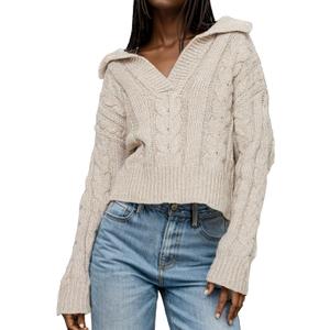 Women's V Neck Cable Pullover Sweaters Casual Long Sleeve Cropped Knitted Tops (Medium, Beige)