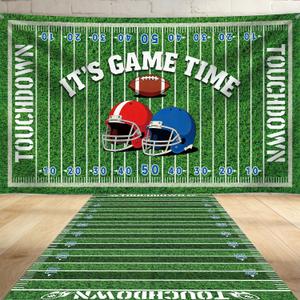 7x5ft Football Field Backdrop Banner with 9.8x3.8 ft Field Aisle Floor Runners Decoration Set, Large Football Background for Sport Themed, Tablecloth, Game Day Sport Theme Birthday Party Wall Door Sign Decor, Floor Rugs for Game Day Party Sign Supplies