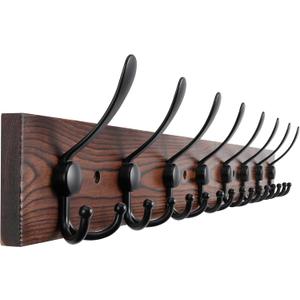 Kuhome 32.2'' Large Coat Rack Wall Mount Coat Hooks Coat Hanger with 8 Metal Black Triple- Hooks Brown Pine Real Wood Plank Hat Rack for Wall Hooks for Hanging Coat Hat Jacket