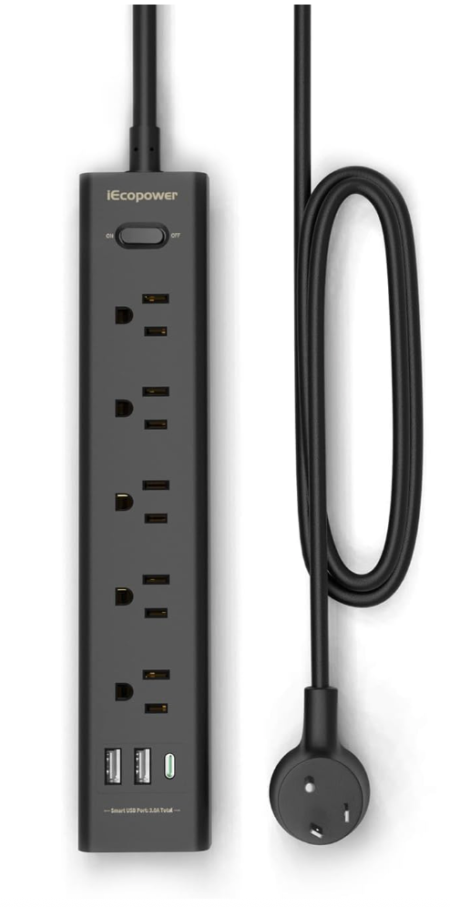  Power Strip Surge Protector-5 Widely Spaced Outlets 3 USB Ports(1 USB C Port),1250W/10A with 5Ft Extension Cord, Power Strips with Surge Protection, Wall Mount for Home Office,Black
