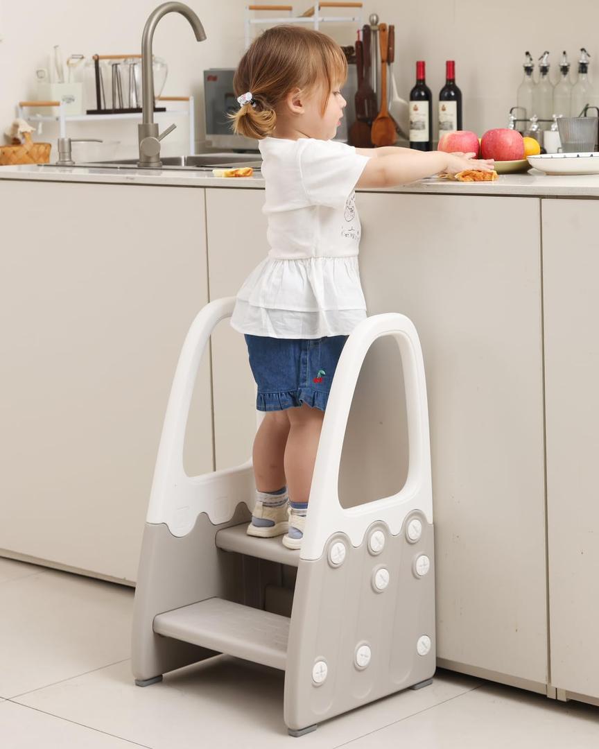 Two Step Stool with Handrails for Toddler and Kids, Standing Learning Stool Tower for Bathroom Sink, Potty Training, Children Step Up Learning Helper with Handles and Safety Non-Slip Pads(Gray)