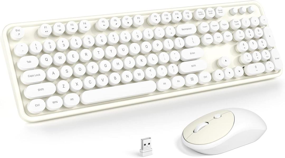 Atelus Wireless Keyboard and Mouse, Typewriter Full Size Keyboard with Number Pad and 2 in 1 USB Connected Mouse for Windows 7/8/10, Laptop, Desktop, PC, Computer (Off-White)