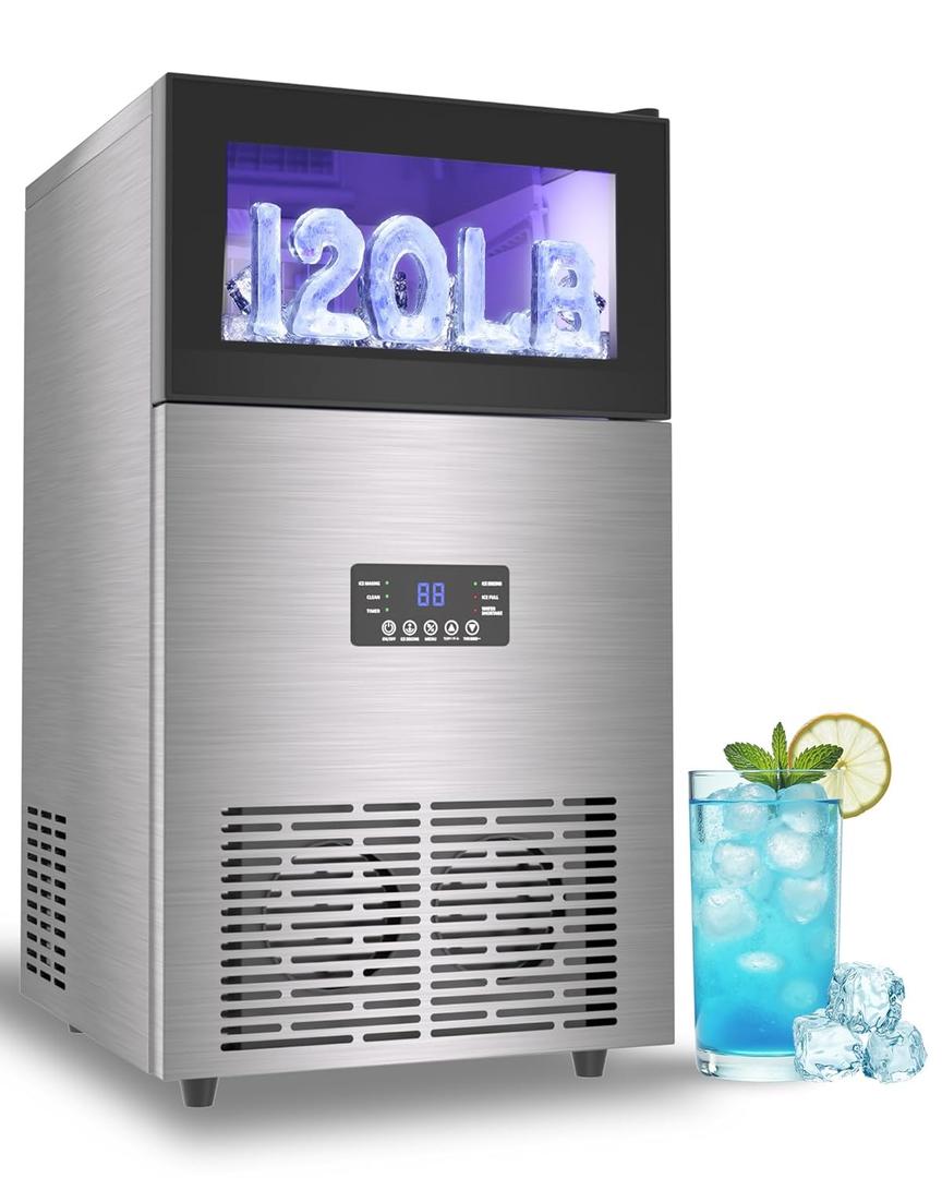 Commercial Ice Maker Machine 120LBS/Day, Undercounter Ice Makers 40Lbs Storage Bin and 45 Ice Trays, Outdoor Ice Maker Brushed Metal with Water Line, Ice Scoop, for Home, Bar, Party
