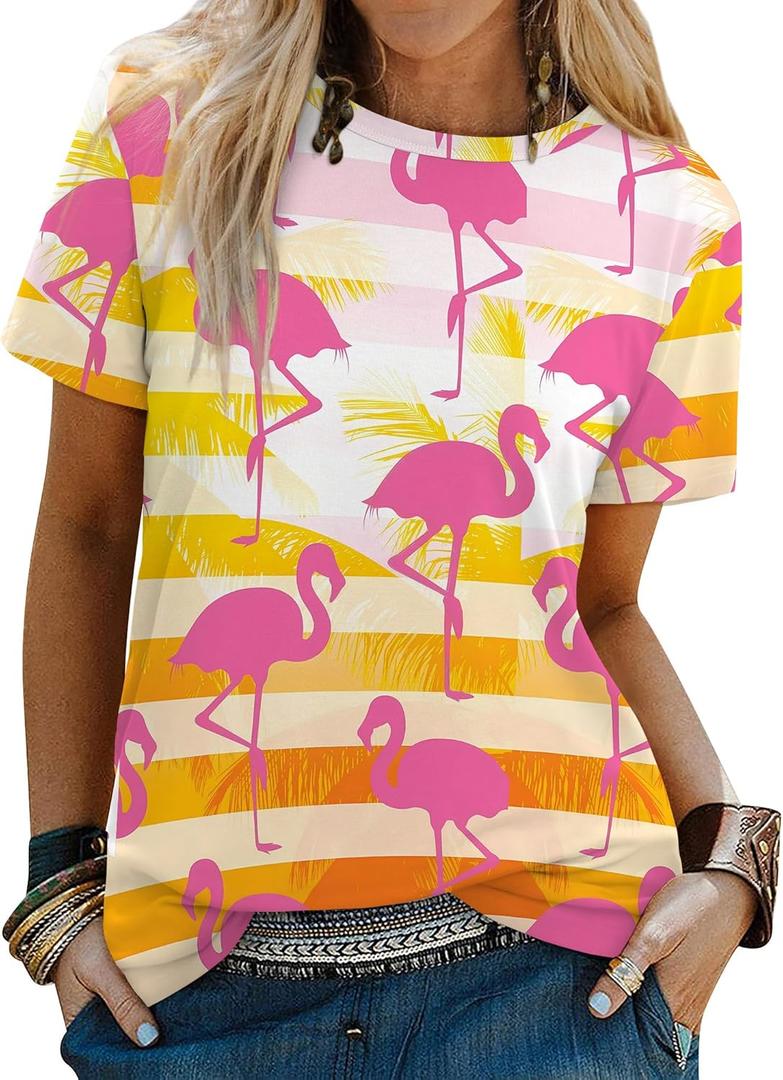 Womens Tie Dye Shirt Short Sleeve Crewneck Casual Loose Cute Tops Color-Block Pullover Sweatshirt (Large, B2-flamingo)