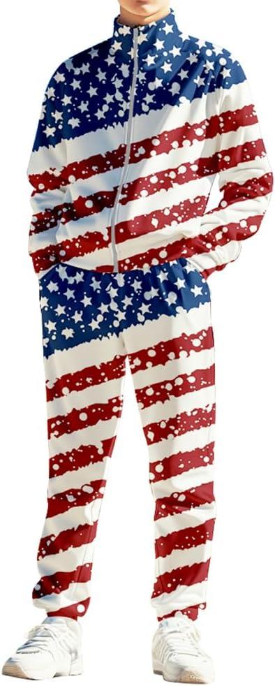 Kids Two-Piece Classic Zippered Sports Jacket Set Sweatpants Jogging Teenager Sportswear Set (Large, Usa Flag)