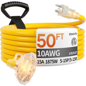 50 ft 10 Gauge Heavy Duty 3 Outlet Extension Cord Splitter with Indicator, Waterproof Outdoor Extension Cord with Multiple Outlets, 15A 1875W for Workshop, ETL Listed, Flexible Yellow SJTW