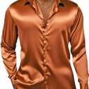 Hi-Tie Men's Silk Satin Dress Shirts Long Sleeve Shiny Casual Button Up Shirts Luxury Party Disco Prom Wedding Shirt, XL