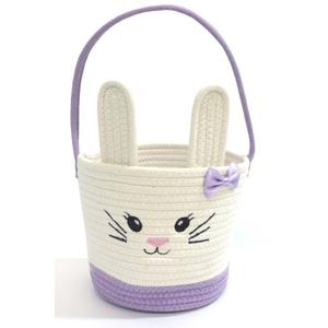 Easter Bunny Basket with Rabbit Ears Woven Cotton Rope Storage Bag for Easter Egg Hunt Large Foldable Home Organizer Indoor Outdoor Holiday Picnic Party Spring Decorations(Purple)
