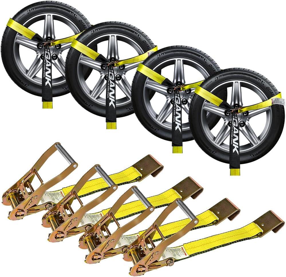 Car Tie Down Straps for Trailers (4PK) Flat Hooks Lasso Style and 2'' X 96'' Tie Down Webbing Easily Secure Tire Tie-Downs for Any Car, SUV, Jeep or Sports Car (Yellow)