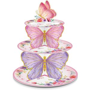 Zopeal 1 Pcs 3 Tier Butterfly Cupcake Stand Butterfly Birthday Decorations Spring Cupcake Stand Holder Pink Purple Dessert Tower for Baby Shower Wedding Birthday Party Supplies Decoration