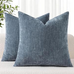 decorUhome Chenille Haze Blue Throw Pillow Covers 26x26 Inch Set of 2, Decorative Soft Couch Pillow Covers Solid Dyed Accent Velvet Farmhouse Neutral Square Pillow Cases for Sofa Bed Living Room
