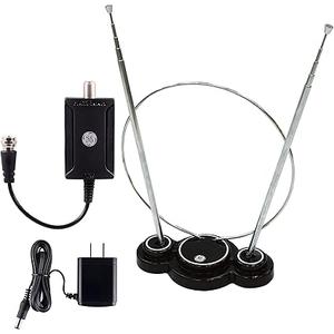 GE Traditional Rabbit Ears Indoor TV Antenna + Indoor Antenna Amplifier, Extendable Dipoles and Circular Loop, Digital HDTV VHF UHF, Low Noise Signal Booster, AC Power Adapter Included