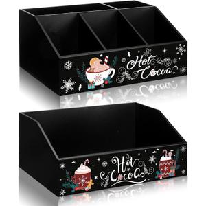 Shellwei 2 Pcs Christmas Hot Cocoa Bar Wood Storage Box Coffee Station Organizer Xmas Basket Organizer Bin Christmas Cute Wood Storage Hot Chocolate Decorative Box for Home Kitchen Office Gift (Black)
