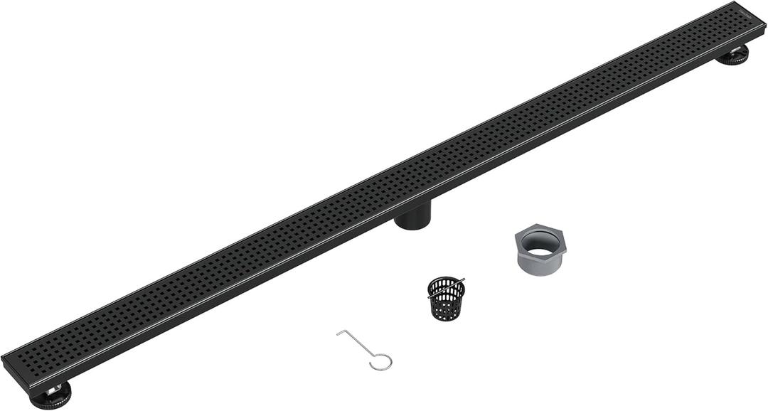 Neodrain 48-Inch Black Linear Shower Drain with Removable Quadrato Pattern Grate, heavy duty 304 Stainless Steel Rectangle Shower Floor Drain, linear drain with Leveling Feet,Hair Strainer,Matte Black