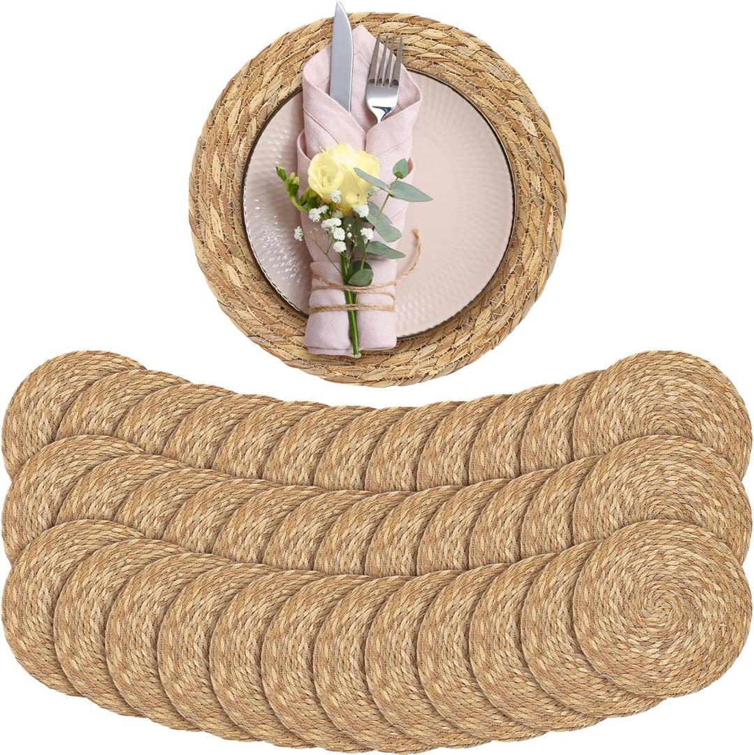 Aneco 36 Pack 12-Inch Round Woven Placemats Natural Hand-Woven Boho Rattan Wicker Bulrush Placemat Farmhouse Rustic Braided Table Mats for Dining & Kitchen Decor