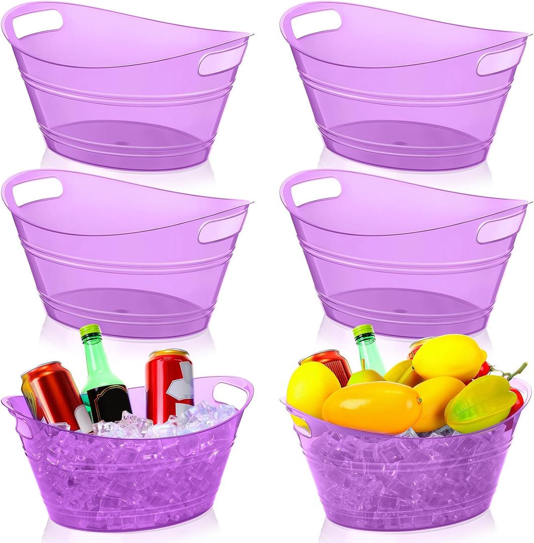 meekoo 6 Pcs Plastic Ice Buckets Bulk with Handles 4.5L Oval Storage Tub Large Capacity Ice Drink Bucket for Party Bar Wine Beer Champagne Beverage Bottle Cooler (4.5 L,Purple)
