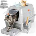 Extra Large Stainless Steel Litter Box with Lid, High Sided Enclosed Metal Cat Litter Pan, Dog Proof Front Entry Top Exit, Odor Control Easy Clean Leak Proof, Includes Scoop & Step, Light Gray