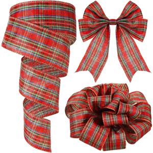 Yinder Plaid Christmas Wired Ribbon 2.5 Inch 50 Yard Traditional Red Tartan Plaid Christmas Holiday Ribbon Green Red Gold Garland Home Decor Gift Wrapping DIY Craft