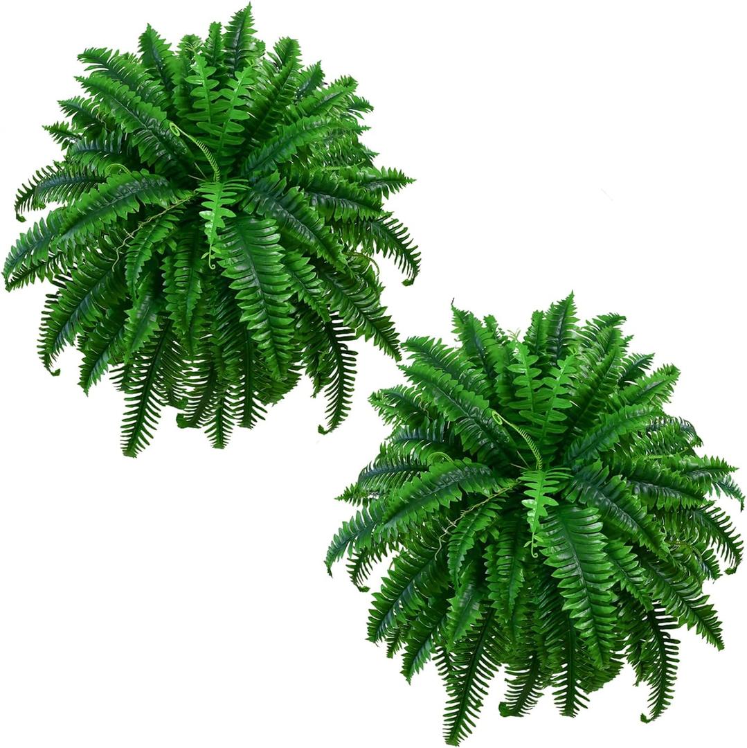 45in 2PCS Fake Ferns -Large Artificial Ferns for Outdoors,60 Branches Faux Boston Fern, UV Resistant & Realistic Weatherproof Fake Plants for Porch, Patio, Home Decor & Hanging Planters