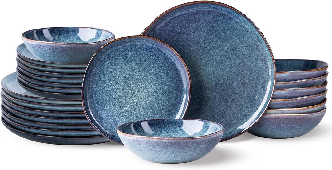 AmorArc Ceramic Dinnerware Sets for 8, 24Pcs Plates and Bowls Sets Dishes, Ceylon Blue
