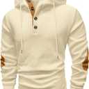 Vssjavun Mens Pullover Hoodie Casual Textured Long Sleeve Half Button Hooded Sweatshirt Beige (S)