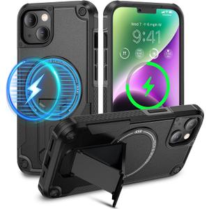 Caka for iPhone 13 Case & iPhone 14 Phone Case [Compatible with Magsafe] [Built-in Invisible Stand] [Heavy Duty Drop Protection] Shockproof Rugged Protective Magnetic Cover Accessories Black