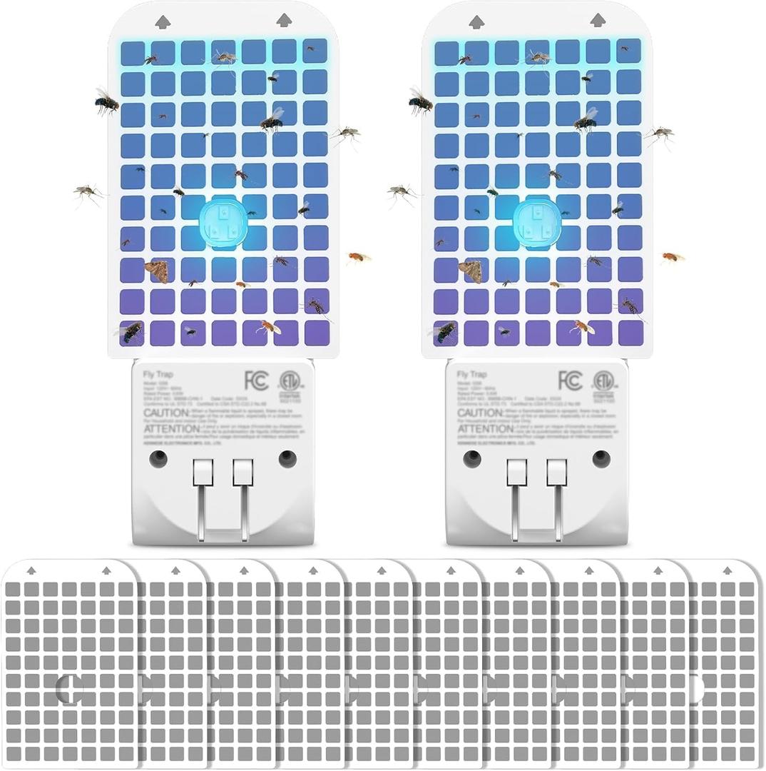 Fly Trap Indoor(2 Device + 10 Glue Cards), Fruit Fly Traps for Indoors, Plug-in Flying Insect Trap for Gnats, Mosquito, Moths, Flies for House, 2 Pack (White)