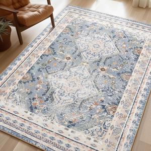 Phantoscope Washable Area Rug 5'x7' Non-Slip, Vintage Neutral Rugs for Living Room, Bedroom, Dining Room, Distressed Boho Geometric Medallion Pattern, Low-Pile Foldable Floor Carpet, Dusty Blue/Multi