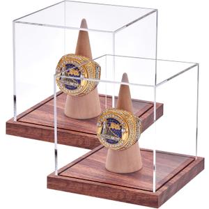 LITY 2 Pack Championship Ring Display Case, No Assembly Required Clear Acrylic Single Ring Holder with Wooden Stand Base for Sports Baseball Fan UV Protection