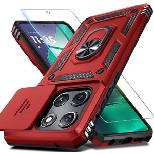Janmitta Compatible with Moto G Stylus 5G 2026/2025 Case Built in Slide Camera Lens Cover+Screen Protector+Finger Ring Holder Kickstand,Heavy Duty Shockproof Full Body Protective Phone Cover,Red