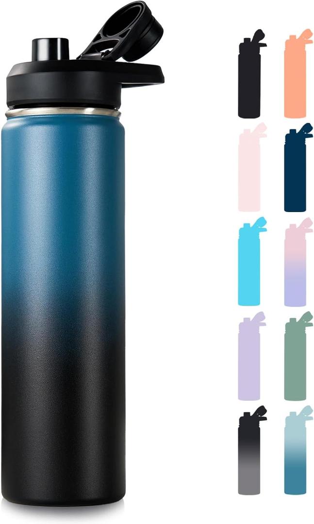 24 oz Insulated Water Bottle with Handle, 304 Stainless Steel Water Bottles with Wide Mouth, Double Wall Vacuum Sports Water Bottle, BPA Free, Keep Cold and Hot, Blue&Black