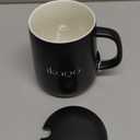 Ikago Ceramic Coffee Mug Set, 15oz Mugs with Lid and Spoon, Black Coffee Mug, Matching Mug lid, Novelty Laser Engraving Pattern, Best Gift for Coffee, Tea, Cocoa Lovers