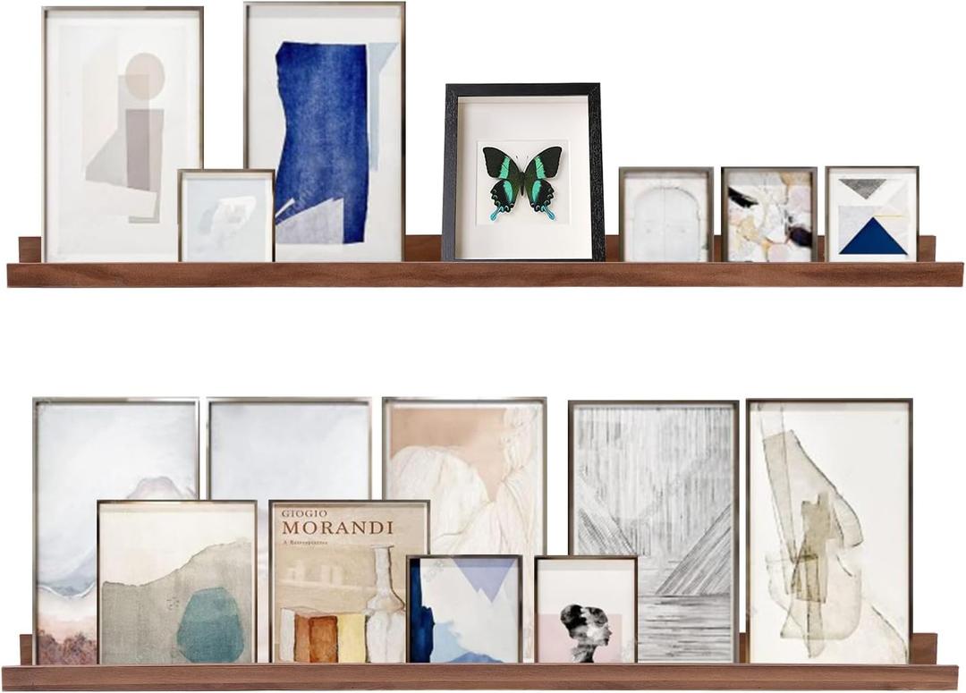 AZSKY 48 Inch Floating Wall Ledge Bookshelf Light Walnut Kids Book Trophy and Family Picture Photo Frames Display Shelves Wall Mounted a Set of 2