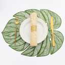 Evevda Green Leaf Shaped Vinyl Placemats for Dinner Table Set of 6 Metallic Plastic Green Place Mats Wipeable 6Pcs Table Mats for Wedding Annersary Dinner Table Decoration Mats(17.7x13.8inch/45x35cm)